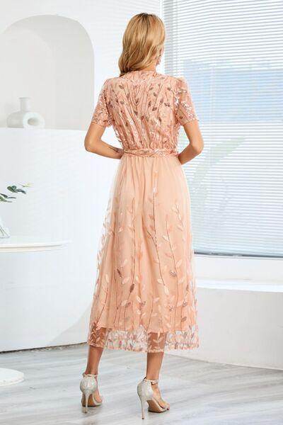 Sequin Leaf Embroidery Tie Front Short Sleeve Dress for Women - Selvanelle
