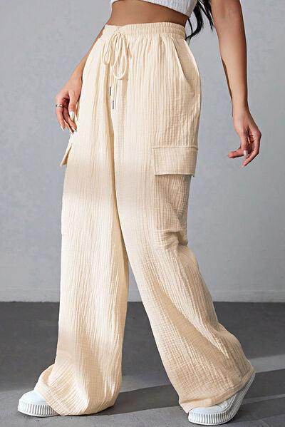 Drawstring Pocketed Wide Leg Pants for Comfortable Style - Selvanelle