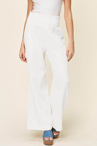 Double Take Full Size Texture Smocked Waist Wide Leg Pants For Women - Selvanelle