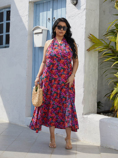 Plus Size Slit Floral Halter Neck Dress - Selvanelle