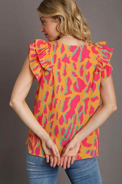 Umgee Full Size Abstract Print V-Neck Ruffle Sleeve Blouse - Selvanelle