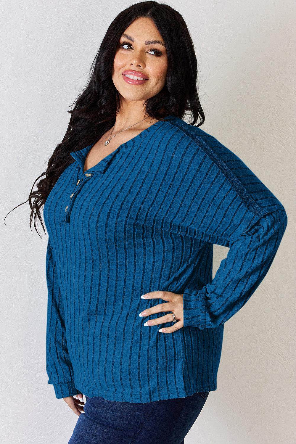 Basic Bae Full Size Ribbed Half Button Long Sleeve T-Shirt - Selvanelle