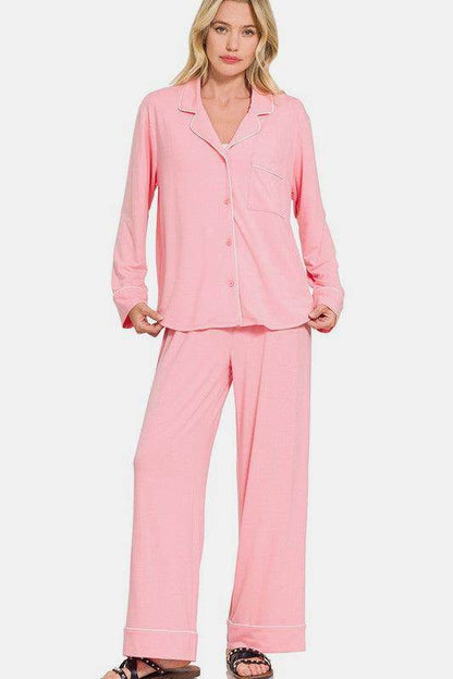 Zenana Button Down Long Sleeve Top and Pants Lounge Set - Selvanelle