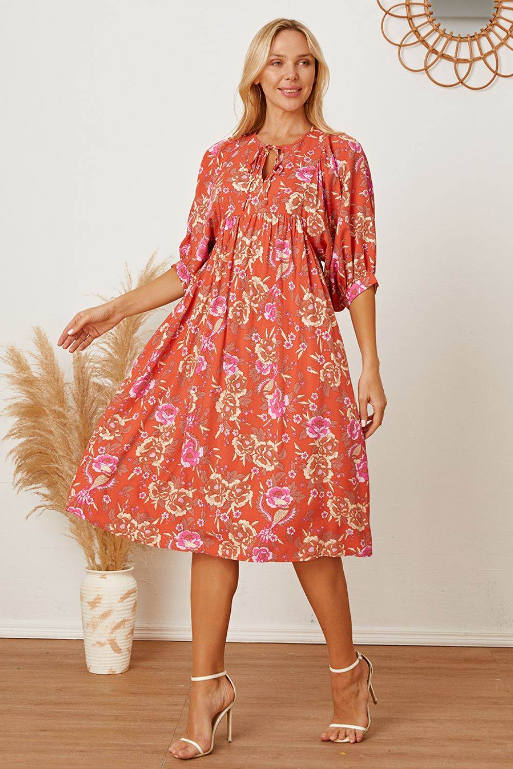 Floral Tie Neck Half Sleeve Dress - Selvanelle