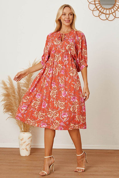 Floral Tie Neck Half Sleeve Dress - Selvanelle