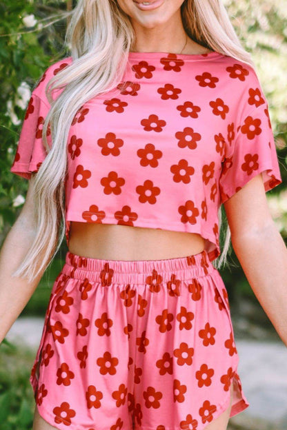 Floral Cropped Tee and Shorts Lounge Set - Selvanelle