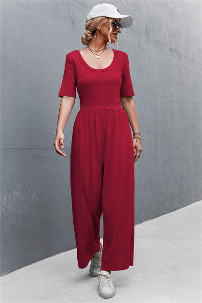 Scoop Neck Half Sleeve Wide Leg Jumpsuit - Selvanelle
