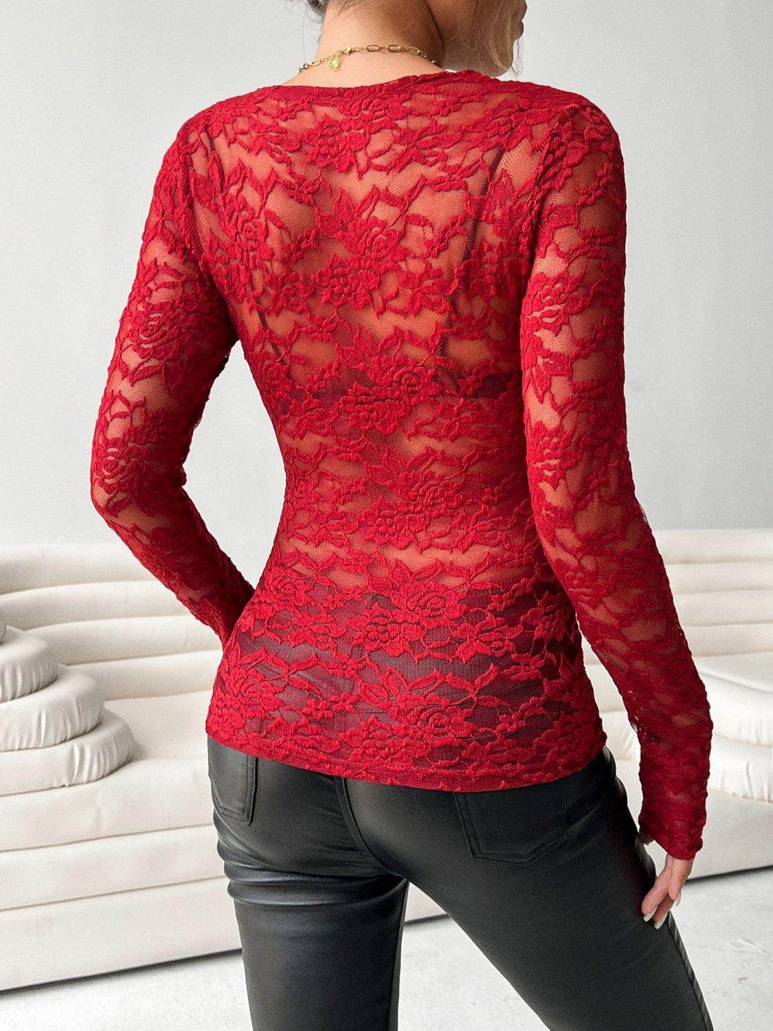 V-Neck Long Sleeve Lace Top for Women in Various Sizes - Selvanelle