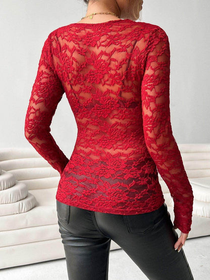 V-Neck Long Sleeve Lace Top for Women in Various Sizes - Selvanelle