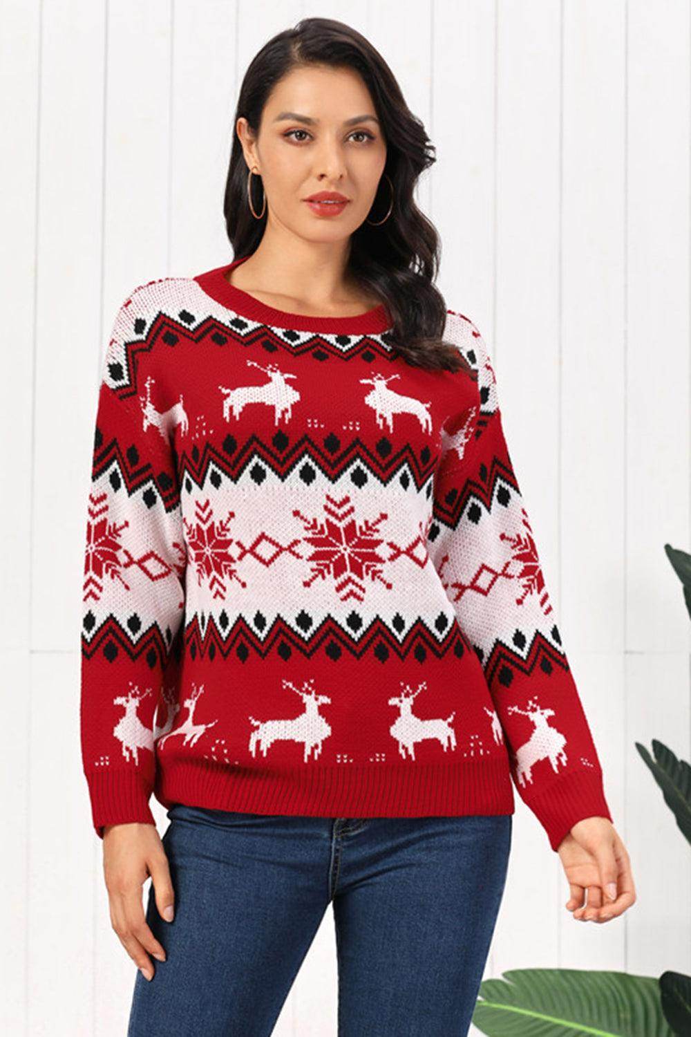 Reindeer Round Neck Sweater for Cozy Winter Style - Selvanelle