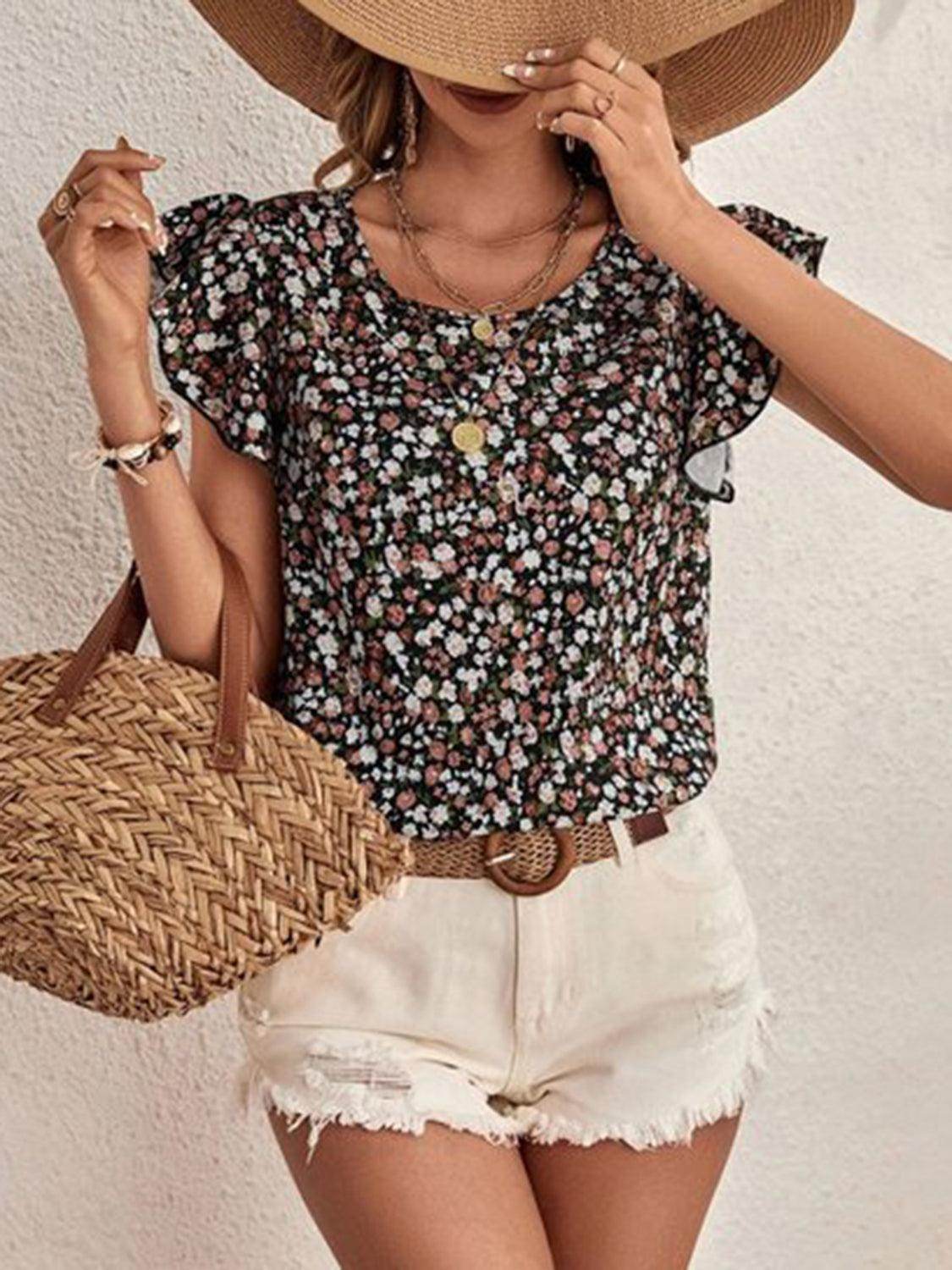 Ditsy Floral Round Neck Cap Sleeve Top for Women - Selvanelle