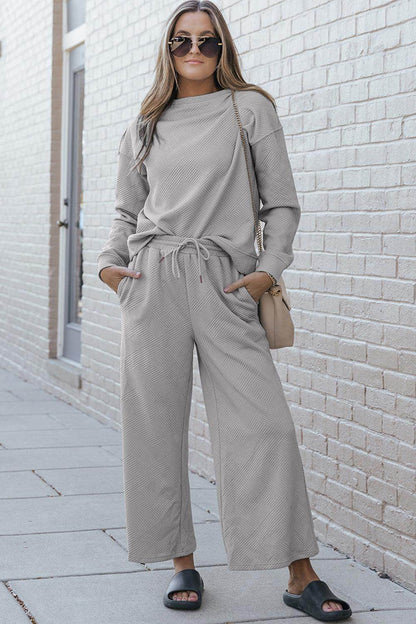 Double Take Full Size Textured Long Sleeve Top and Drawstring Pants Set for Women - Selvanelle