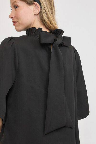Umgee Bow Tie Back Mock Neck Half Sleeve Blouse for Women - Selvanelle