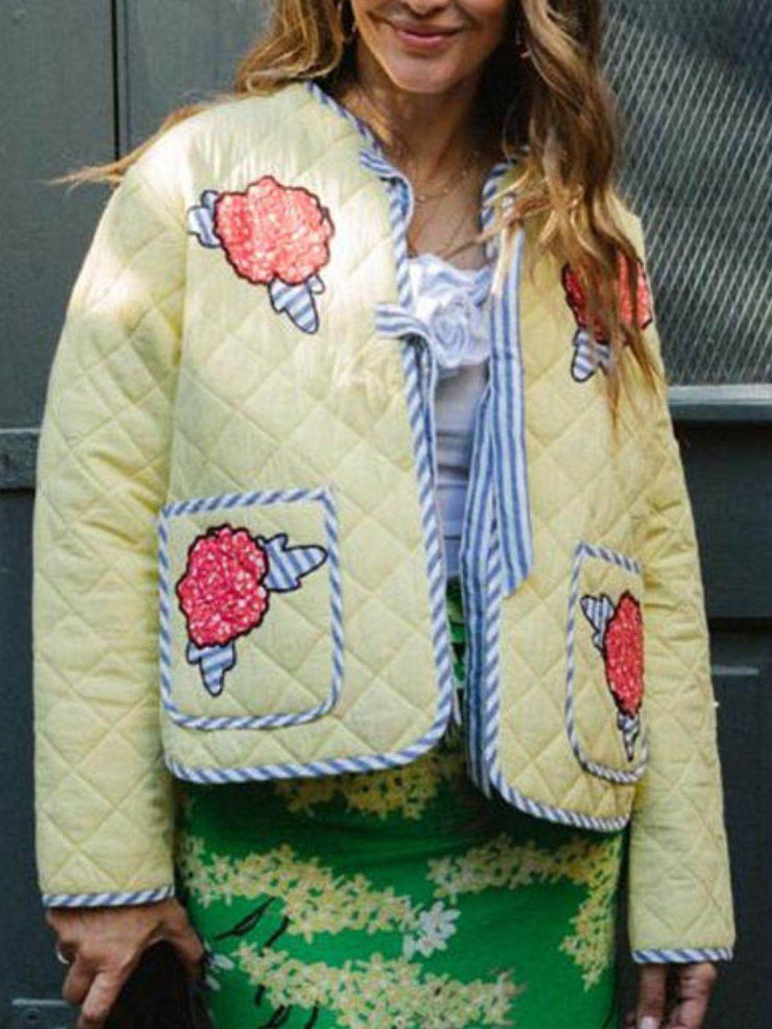 Embroidered Flower Tied Long Sleeve Winter Coat for Women - Selvanelle