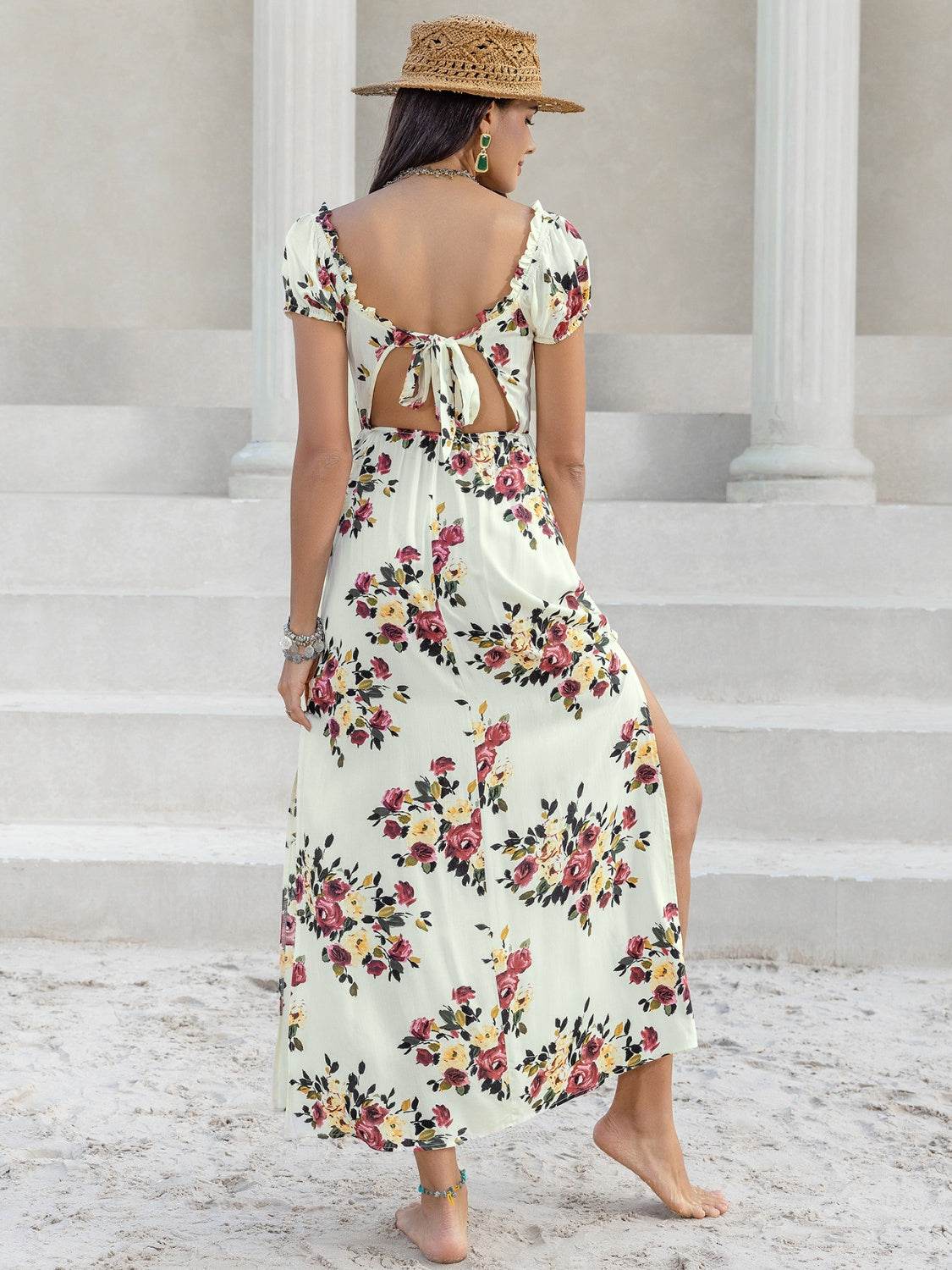 Tied Slit Floral Short Sleeve Dress - Selvanelle