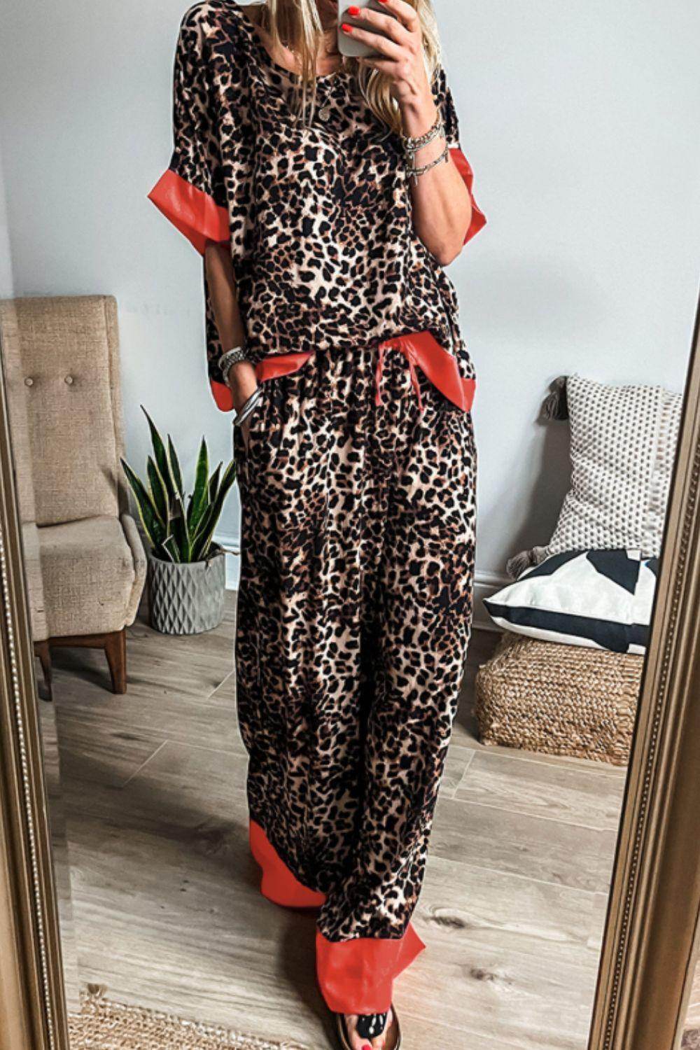 Contrast Trim Leopard Round Neck Top and Pants Lounge Set - Selvanelle