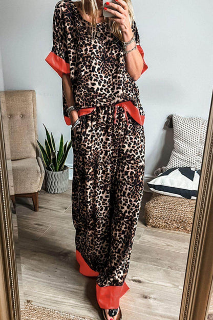 Contrast Trim Leopard Round Neck Top and Pants Lounge Set - Selvanelle
