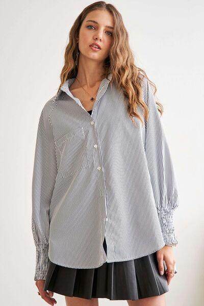 ADORA High-Low Striped Button Down Smocked Lantern Sleeve Shirt - Selvanelle