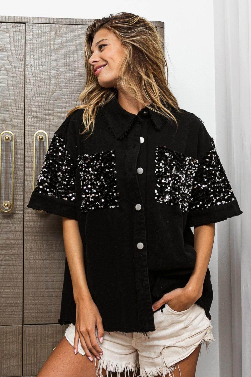 BiBi Sequin Detail Raw Hem Short Sleeve Shirt for Women - Selvanelle