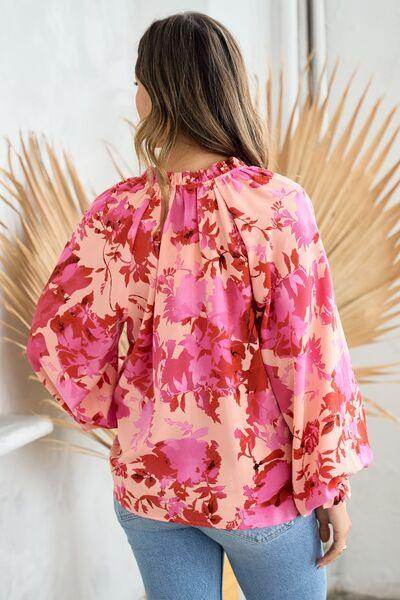 Hailey & Co Ruffle V-Neck Decor Button Floral Blouse - Selvanelle