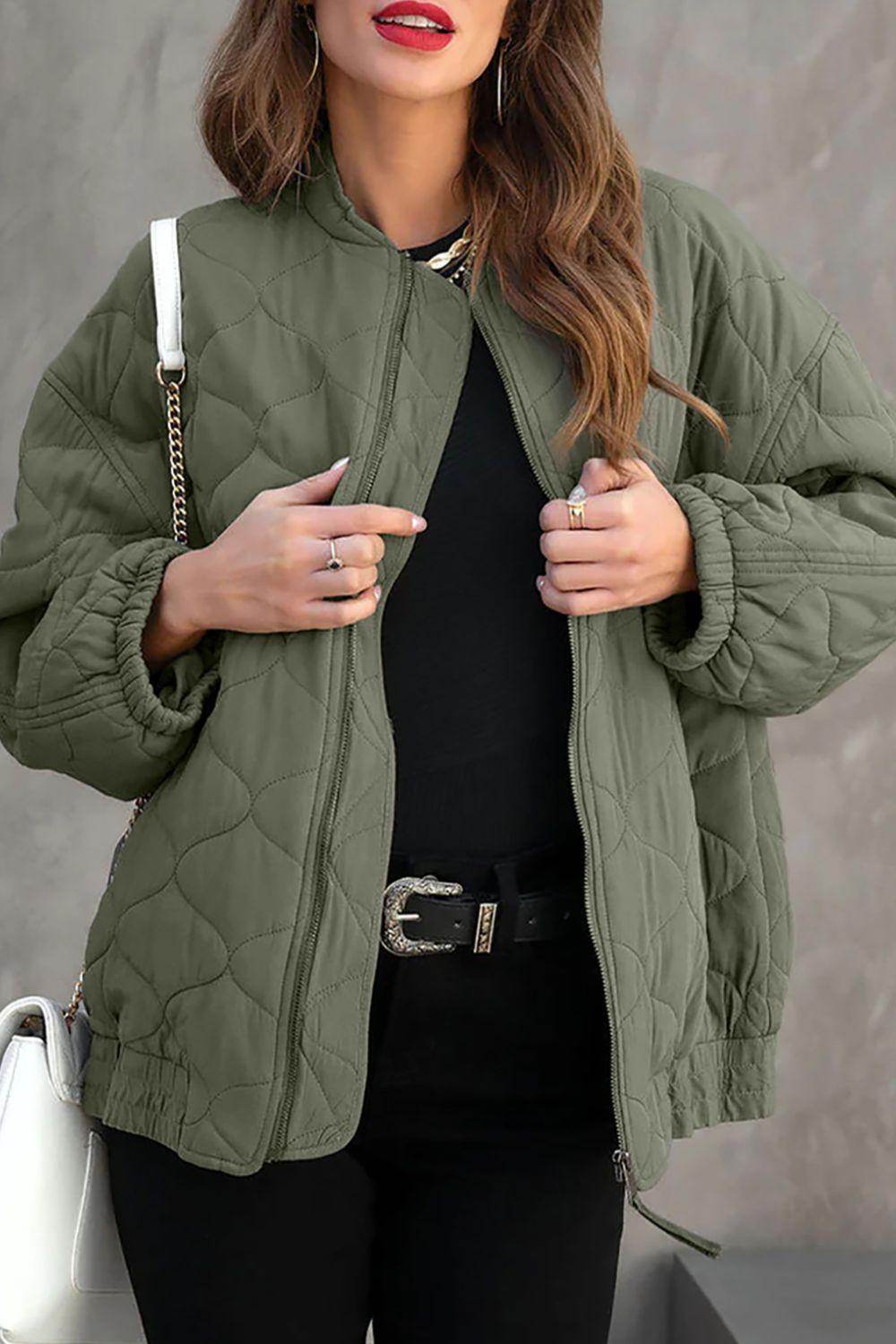 Zip Up Drop Shoulder Long Sleeve Puffer Jacket for Women - Selvanelle