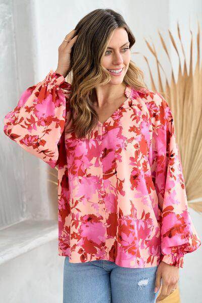 Hailey & Co Ruffle V-Neck Decor Button Floral Blouse - Selvanelle
