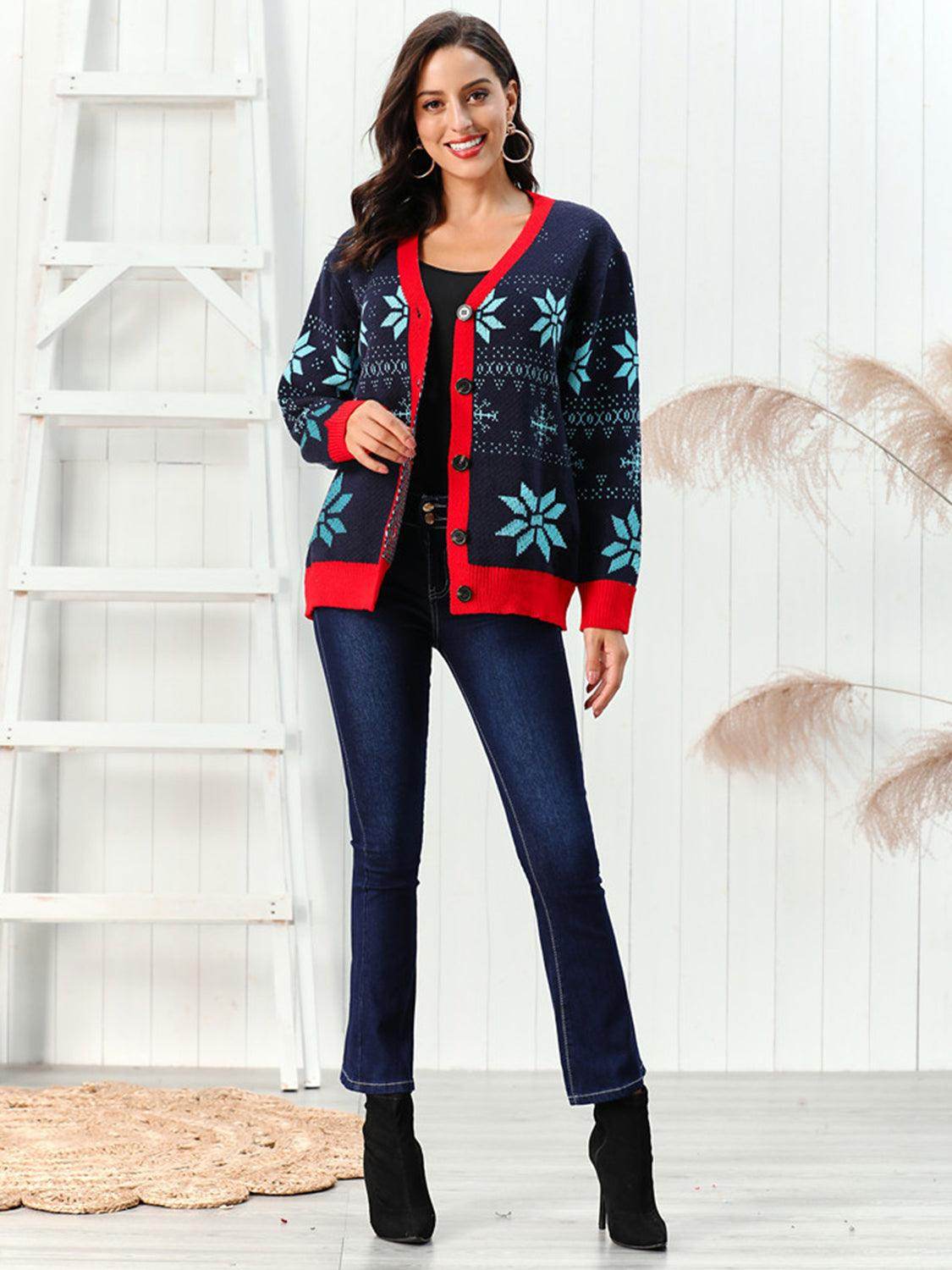Snowflake Pattern Button Down Cardigan for Winter Style - Selvanelle