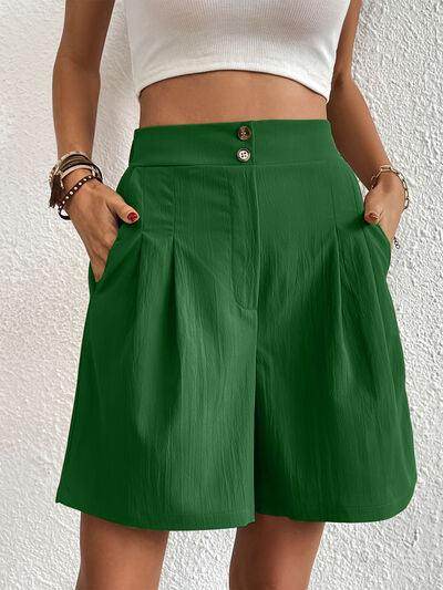 Pocketed Half Elastic Waist Shorts with Side Pockets - Selvanelle