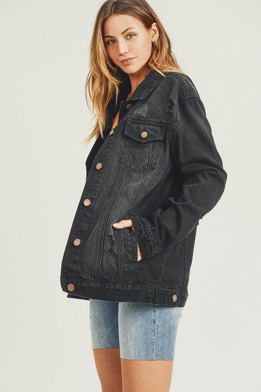 RISEN Full Size Distressed Long Sleeve Denim Jacket for Women - Selvanelle