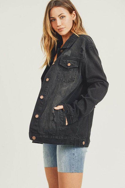 RISEN Full Size Distressed Long Sleeve Denim Jacket for Women - Selvanelle