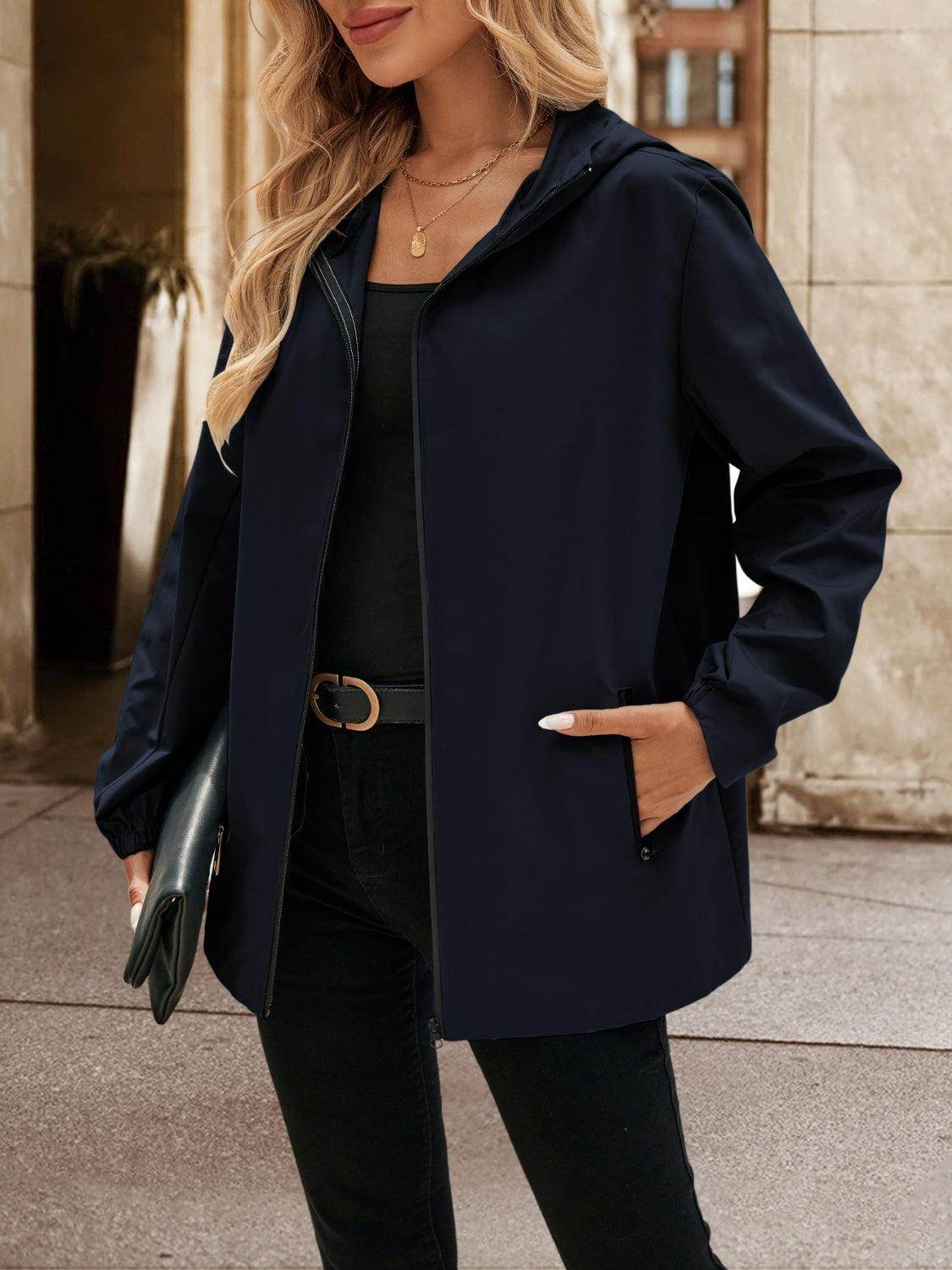 Ivy Lane Pocketed Zip Up Hooded Jacket for Women - Selvanelle