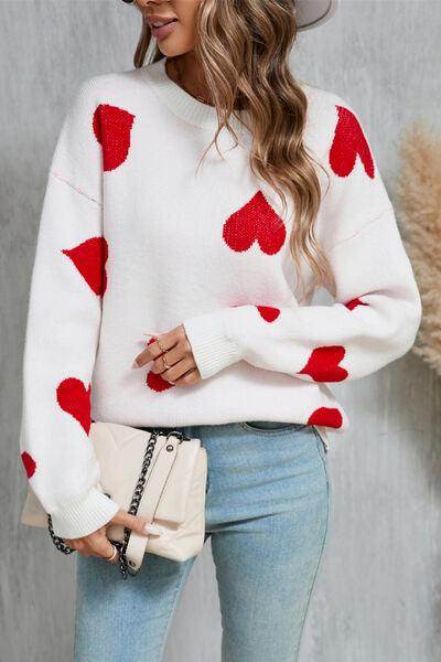 Angel Wings Heart Round Neck Dropped Shoulder Sweater for Women - Selvanelle