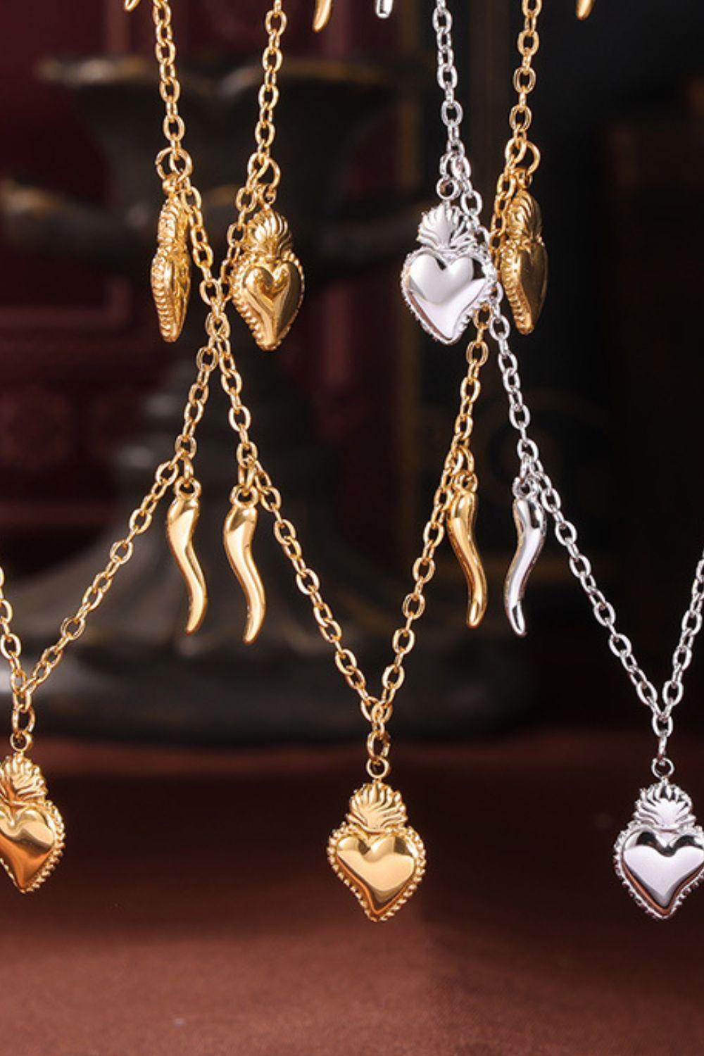 Stainless Steel Heart Charm Bracelet and Necklace Set Gift - Selvanelle