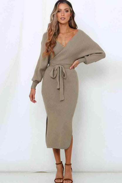 Surplice Neck Bow Waist Slit Sweater Dress for Women - Selvanelle