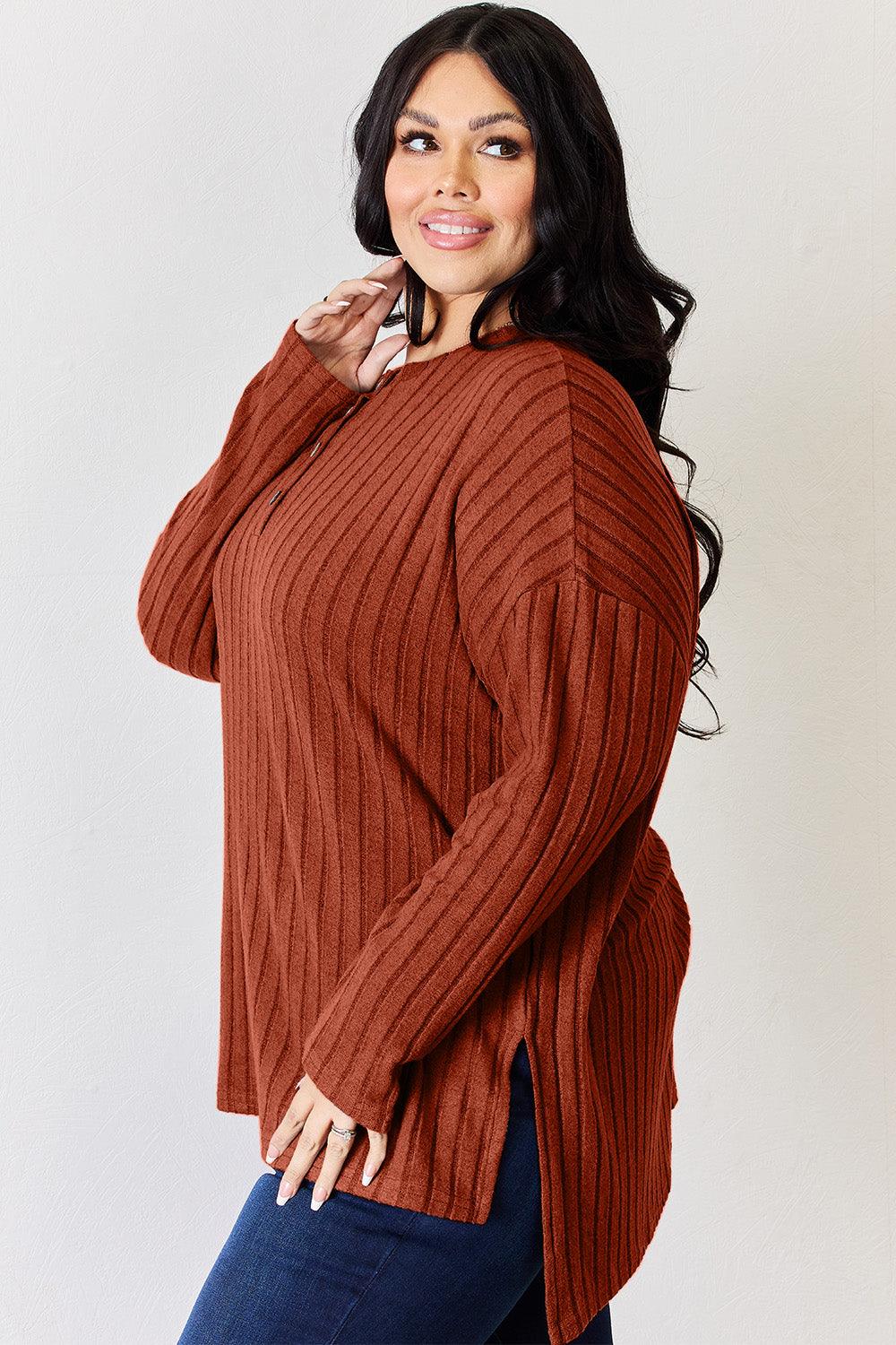 Basic Bae Full Size Ribbed Half Button Long Sleeve T-Shirt