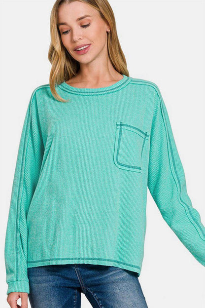 Zenana Full Size Contrast Stitching Brushed Ribbed Top Plus Size - Selvanelle