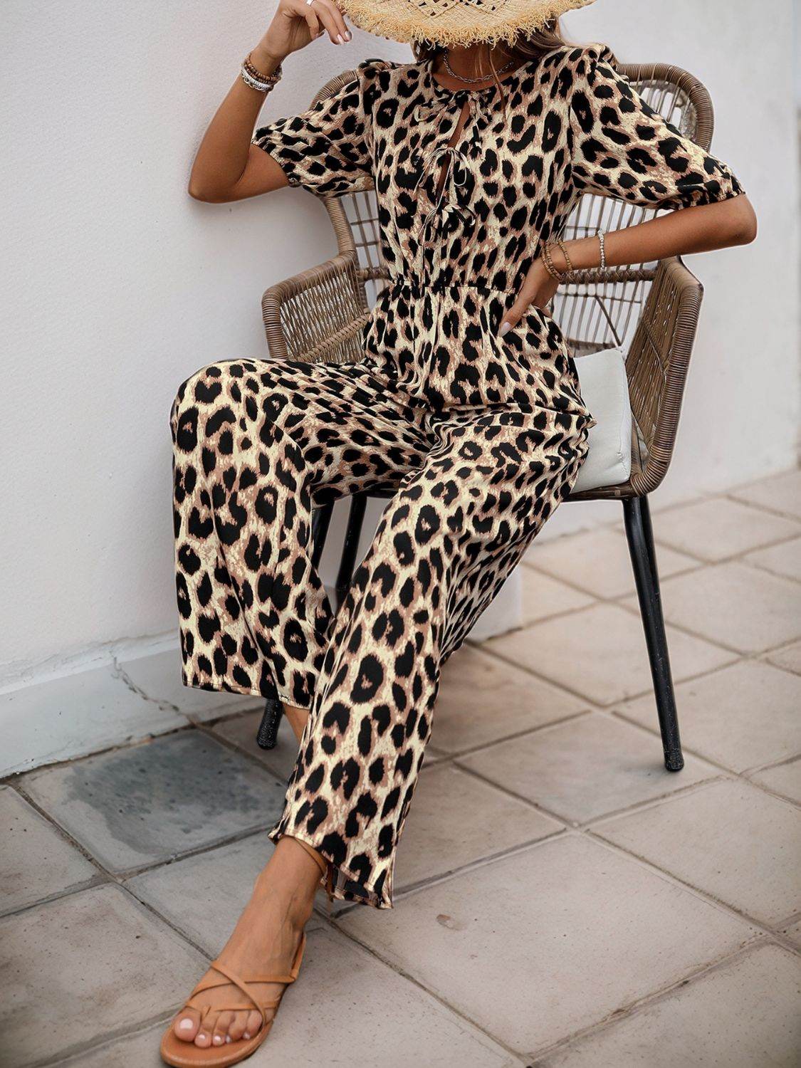 Perfee Tied Leopard Half Sleeve Jumpsuit - Selvanelle