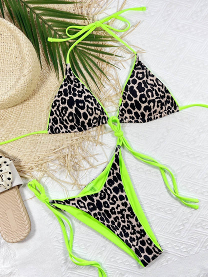 Leopard Print Halter Neck Tie Side Bikini Set - Selvanelle
