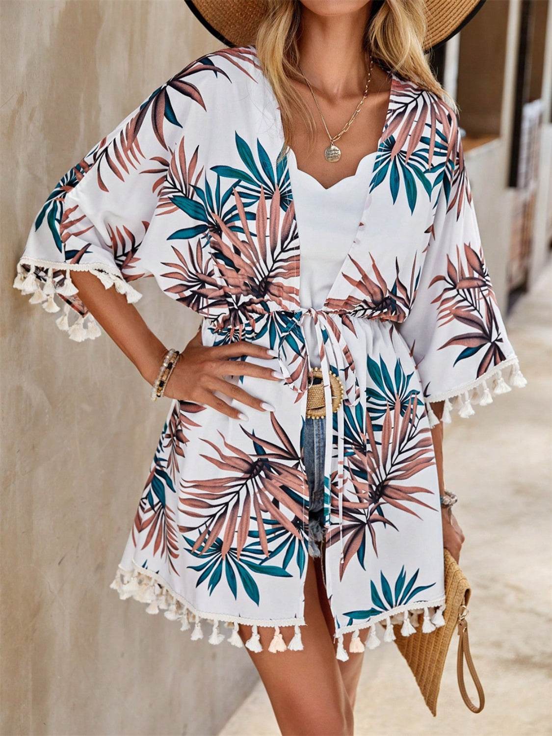 Tassel Tied Printed Half Sleeve Cover Up - Selvanelle