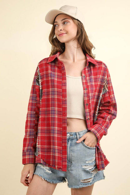 Very J Contrast Plaid Raw Detail Shirt for Casual Chic - Selvanelle