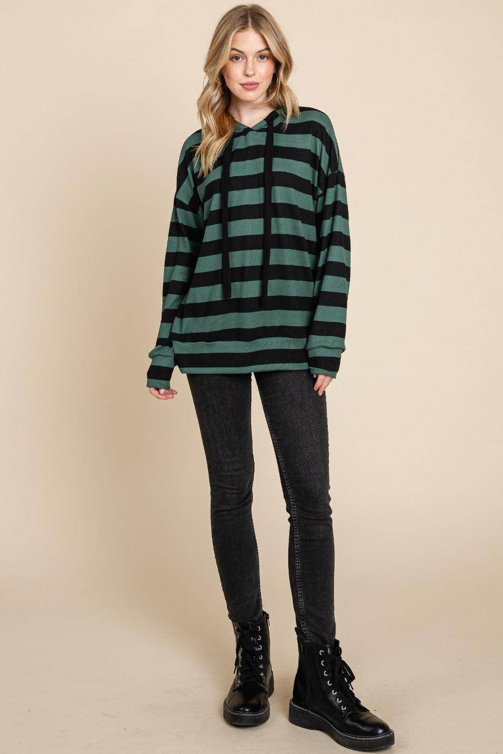 BOMBOM Drawstring Striped Dropped Shoulder Hoodie for Women - Selvanelle