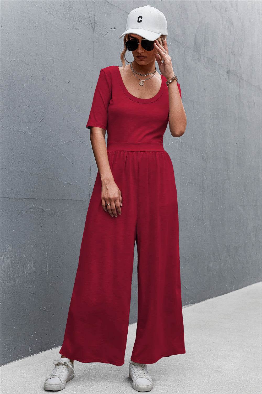 Scoop Neck Half Sleeve Wide Leg Jumpsuit - Selvanelle
