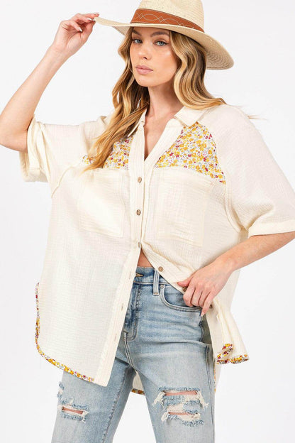 SAGE + FIG Full Size Floral Detail Button Up Shirt - Selvanelle