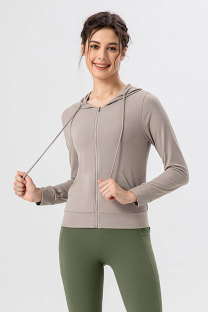 Drawstring Zip Up Hooded Active Outerwear for Women - Selvanelle