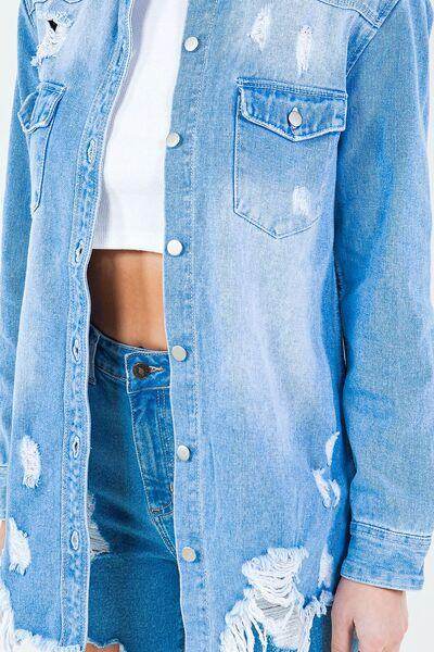 American Bazi Frayed Hem Distressed Denim Shirt Jacket - Selvanelle