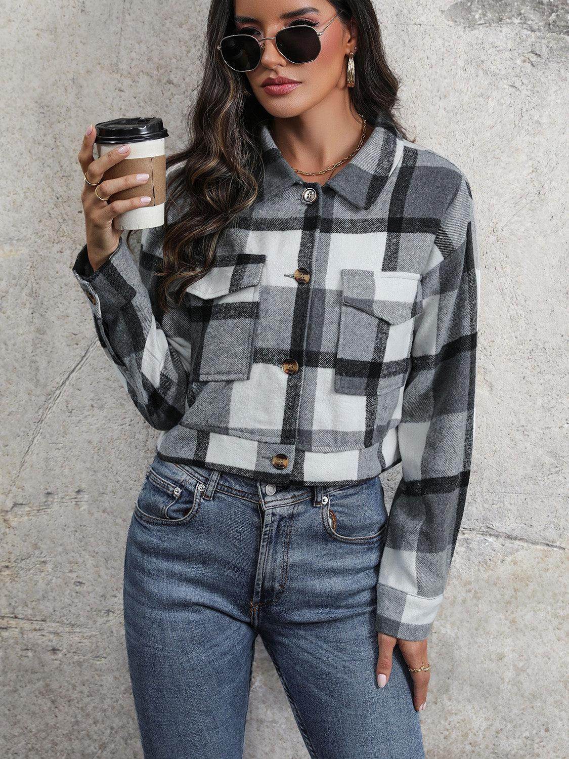 Perfee Plaid Button Up Drop Shoulder Cropped Jacket for Women - Selvanelle