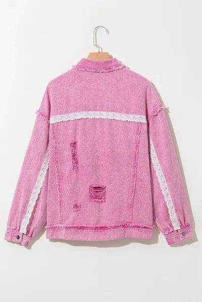 Lace Detail Distressed Raw Hem Long Sleeve Denim Jacket - Selvanelle