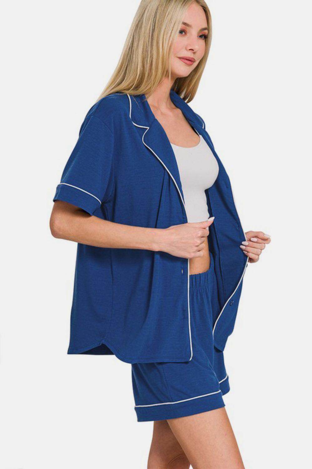 Zenana Button Down Short Sleeve Top and Shorts Lounge Set - Selvanelle