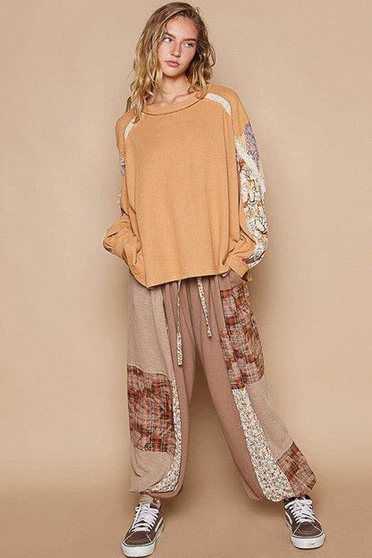 POL Waffle-Knit Lace Detail Round Neck Top for Women - Selvanelle