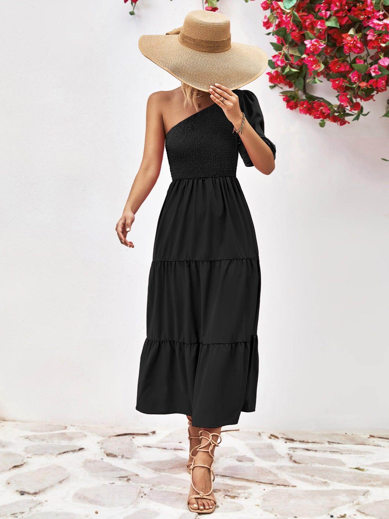 Chic Smocked One-Shoulder Midi Dress for Elegant Style - Selvanelle